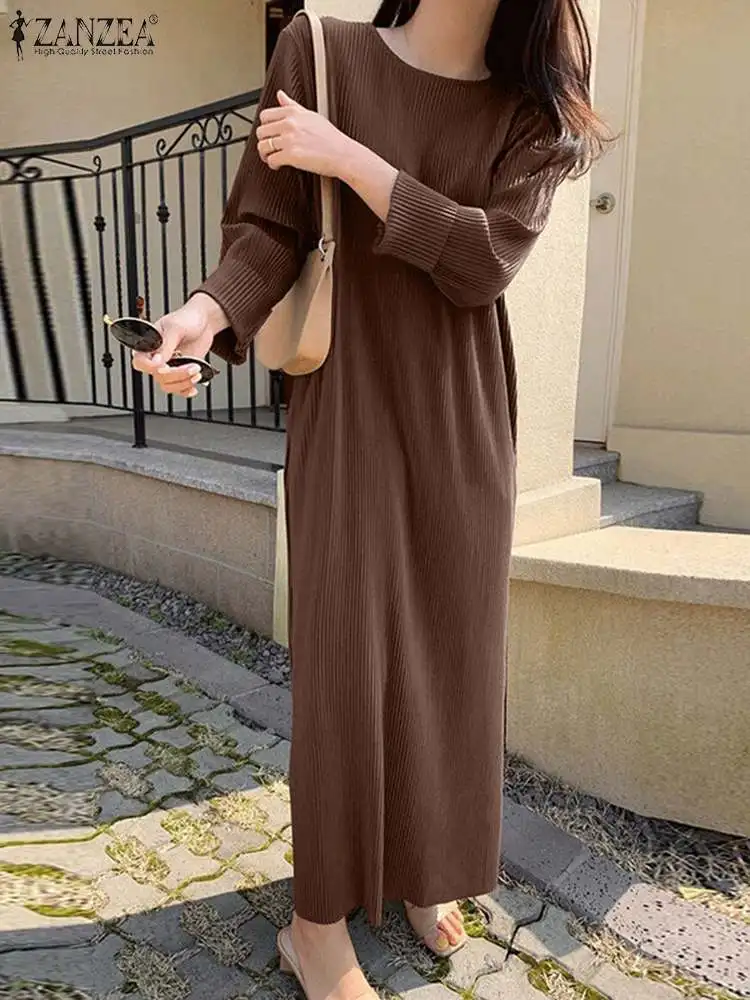 Spring Fashion Pleated Dress 2023 ZANZEA Women Elegant O Neck Long Sleeve Party Sundress Robe Femme Casual Solid Holiday Vestido