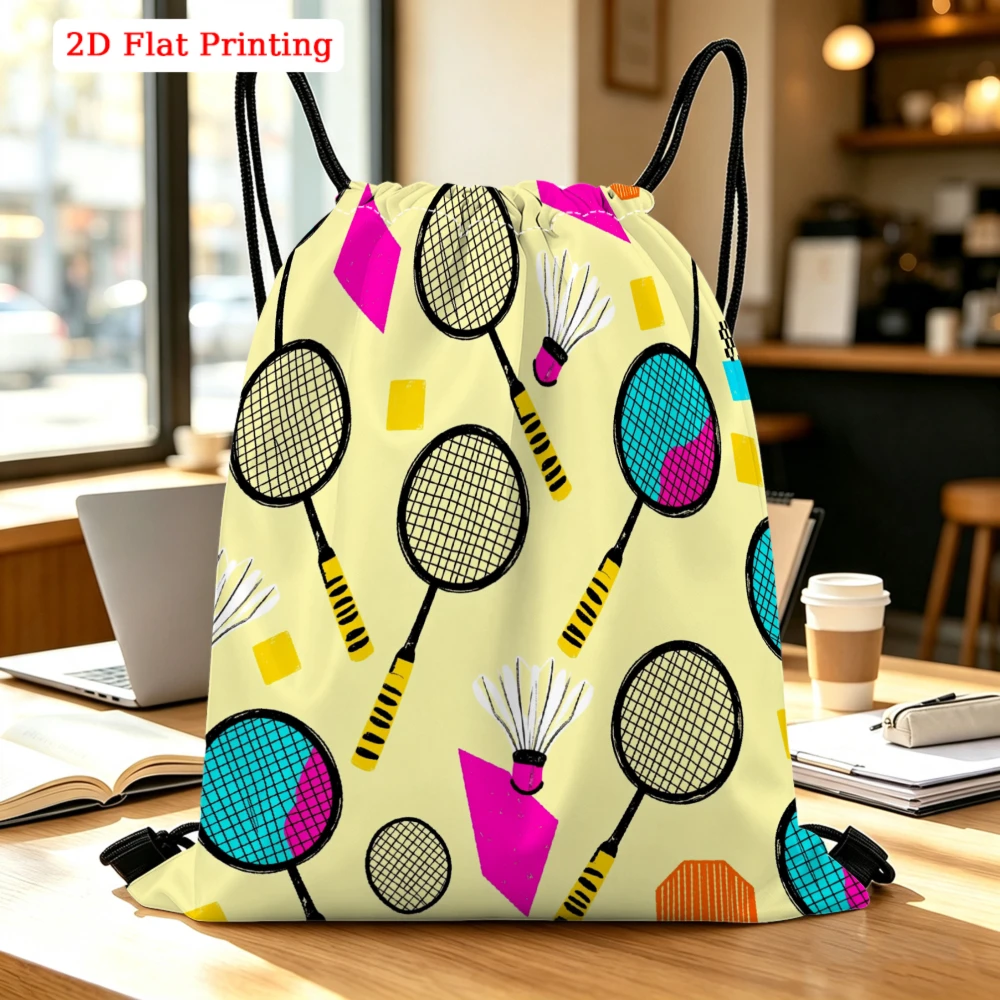 Geometric Print Badminton Racket Shuttlecock Drawstring Bag, Travel Shoe, Outdoor Fitness Sports Backpack