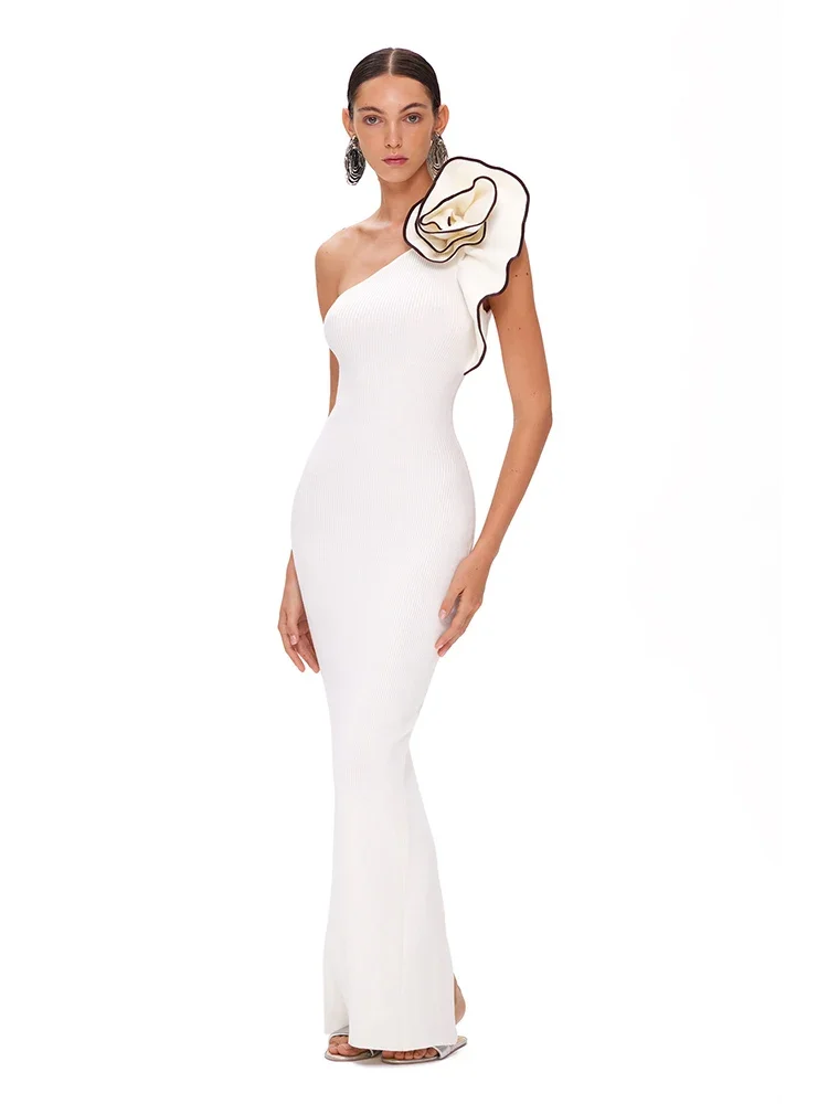 

JONN Sexy 3D Flower One Shoulder Bandage Maxi Dress White Sleeveless Ruffle Bodycon Long Gown Women Elegant Club Party