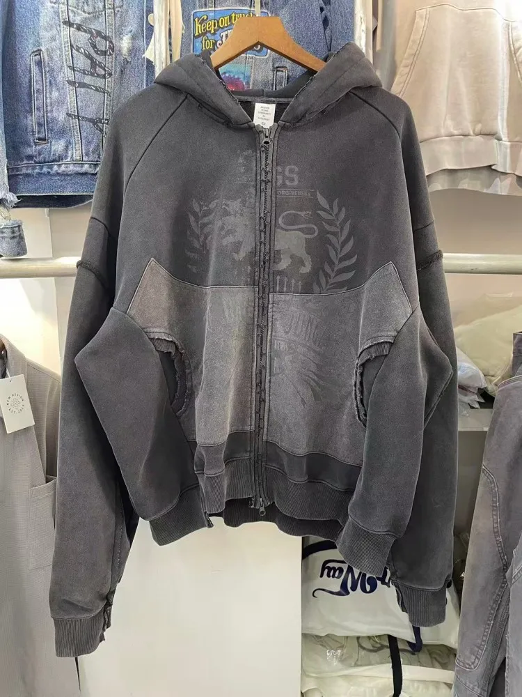 

Ретро-худи с эффектом потертости и пэчворком, повседневная свободная мужская толстовка на молнии, модный бренд, свободный крой, хлопковый свитшот