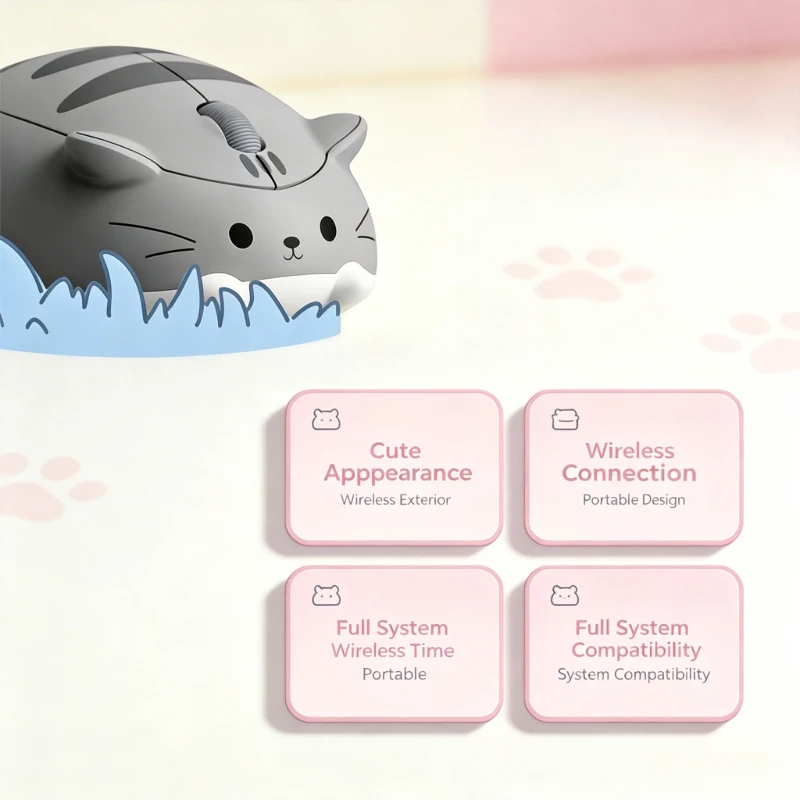 New Cute Cat Wireless Mouse 2.4G Portable Silent Ergonomic Mouse for Laptop PC Gift for Women Girls