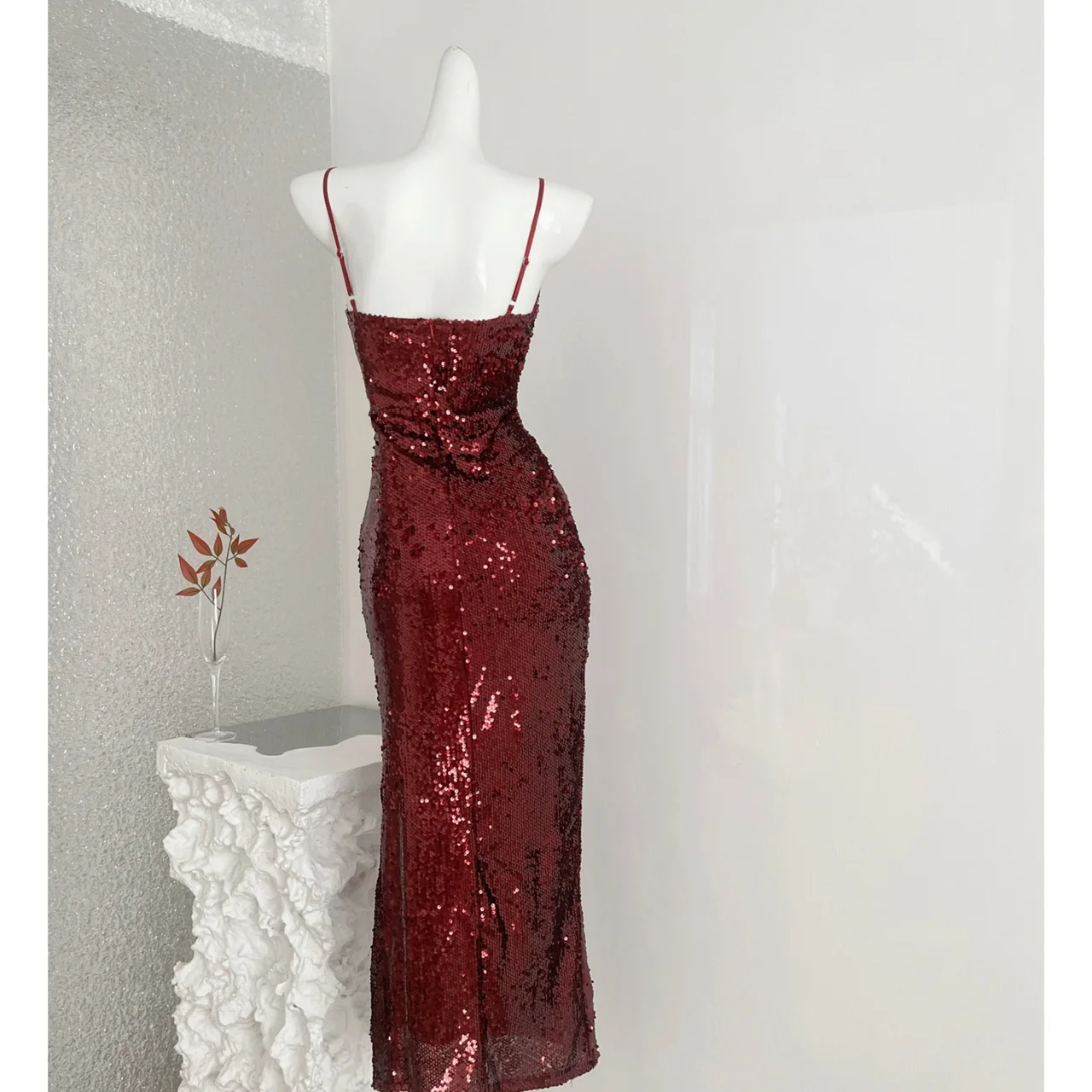 Ele مثير بريق الماس سبليت طويل الدكتور الأحمر ثوب مسائي المرأة Svel Strapl Dr للولائم العالمي صالح #2