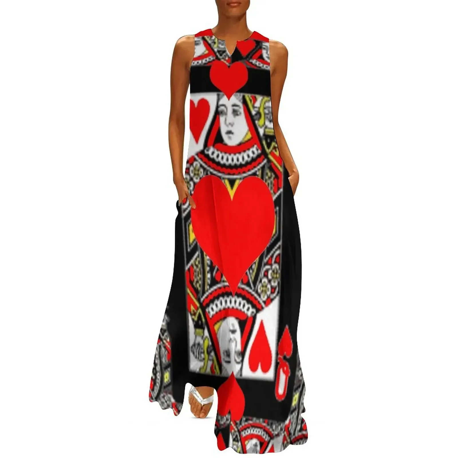 

CASINO RED QUEEN OF HEARTS PATTERN RED-HEARTS ART Long Dress women's clothing korea stylish Woman clothes Dress