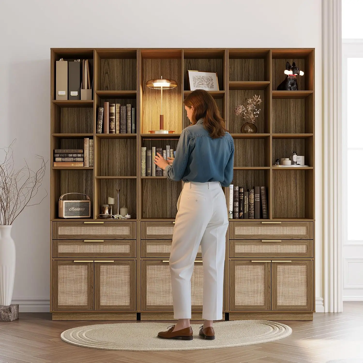 73'' Rattan Bookshelf with Doors & 2 Drawers, Tall Wood Bookcase, 4-Tier Adjustable Shelves, 8 Cubes, Modern Storage, Customized