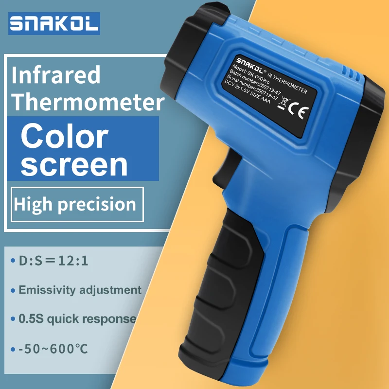 Termometer Inframerah SNAKOL T600 Non-kontak -50~600 ℃   Pengukur Suhu Laser Digital Layar LCD Pyrometer Point Gun Tester