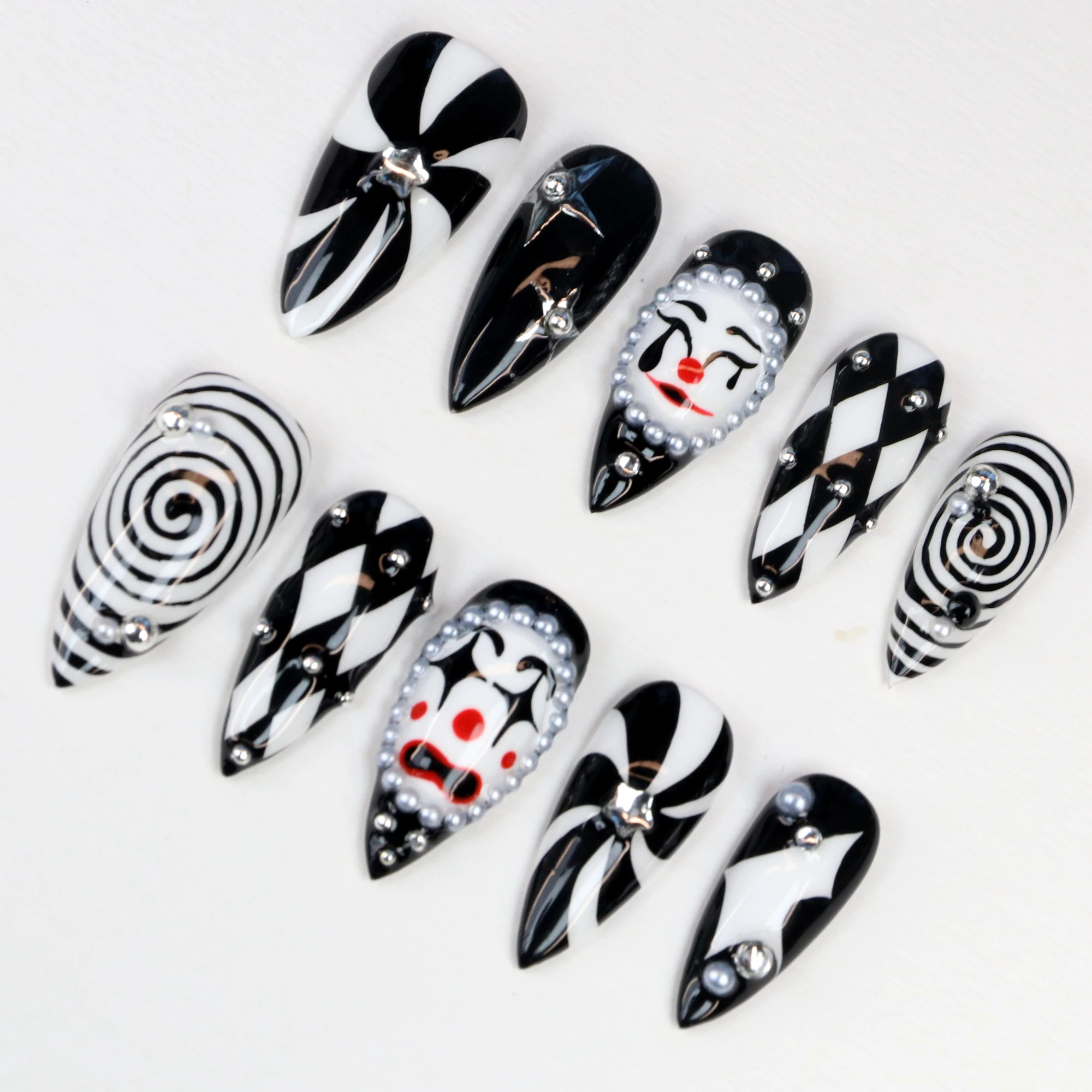 10개입 3D 수제 매니큐어 프레스온 네일, 광대 아크릴 가짜 손으로 그린 맞춤 디자인 모든 성인의 날 접착 네일 파일 세트