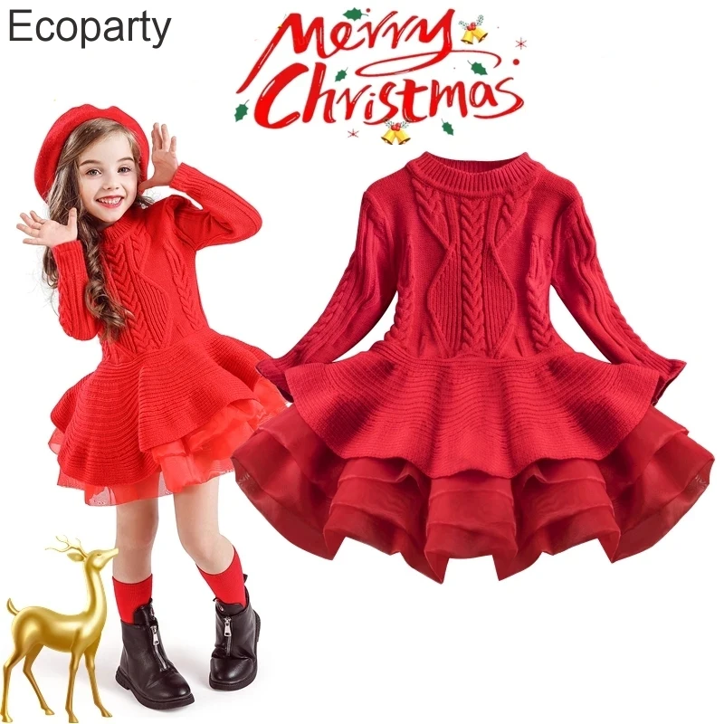 

New Red Christmas Dress For Girls Autumn Winter Long Sleeve Knitting Sweater Tutu Dresses Toddler Evening Party Princess Costume