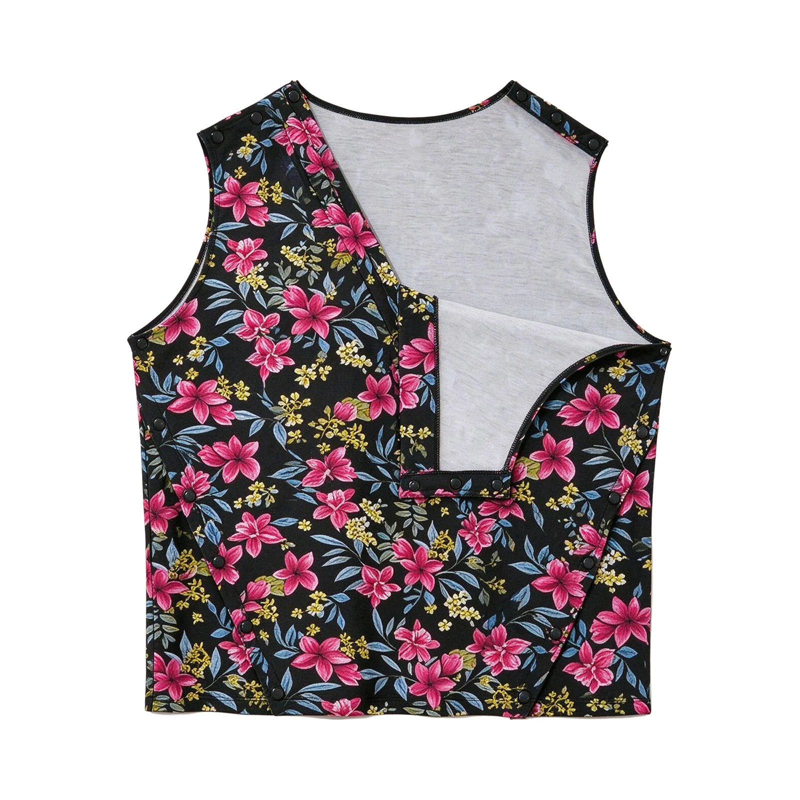 Women Post-surgery Adaptive Shirt V-neck Sleeveless Press Buttons Shoulders Sides Printed Top for Postoperative Recovery view 4