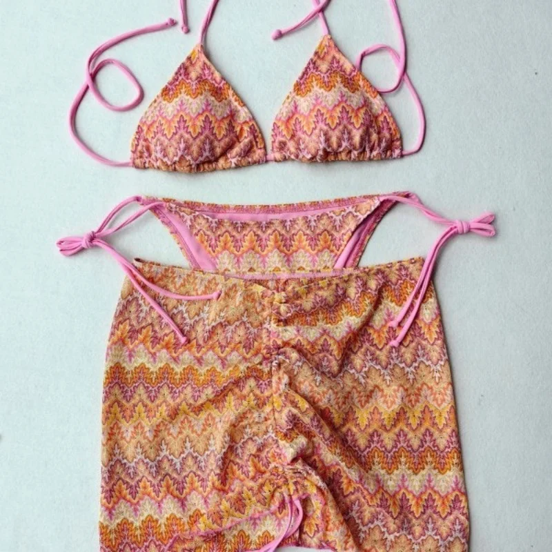 Summer New Women's Colored Sexy Swimsuit 3 Piece Knitted Bikini Set with Wrap Coverup Halter Swimsuits for Beach Vacations