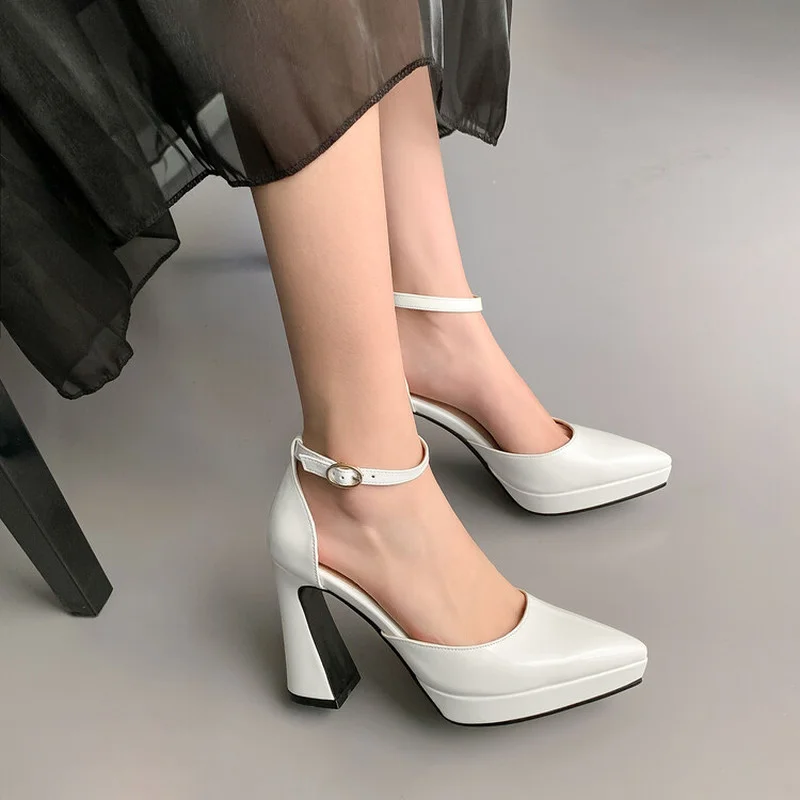 New Buckle Strap Woman Wedding Shoes Heels Sandals Patent Leather Pointed Toe Ladies Sexy White Red Platform Pumps Womens Shoes