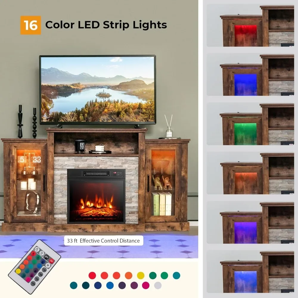 18” Electric Fireplaces, Fireplace TV Stand with LED Lights for TV Up To 65”, Remote & APP Control, Electric Fireplaces