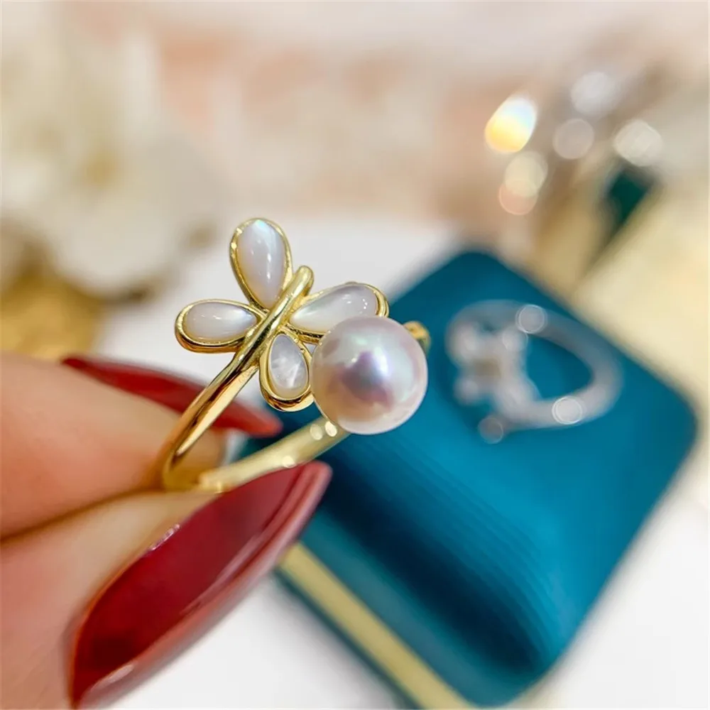 

DIY Pearl Ring Accessories S925 Sterling Silver Ring Empty Butterfly Ring Silver Bracket Fit 6-9mm Round Flat Beads Z253