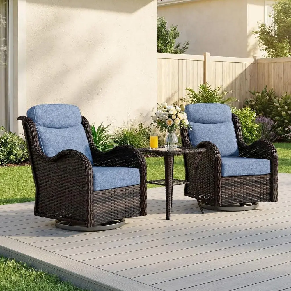 

Outdoor Swivel Chairs Set with 2 Chairs and Rattan Side Table, Weather-Resistant Wicker High Back Rockers, Patio Deck Garden Fur