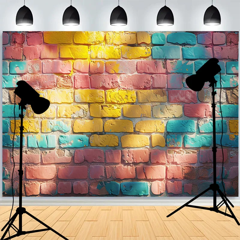 Abstract Neon Rainbow Painted Brick Wall Background Damaged Rustic Texture Vibrant Graffiti Grunge Photography Backdrops BK-06