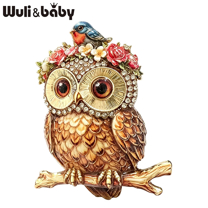 Wuli&baby Lovely Owl Brooches For Women Unisex 4-color Rhinestone Wear Floral Wreath Bird Woodland Animal Party Brooch Pins Gift