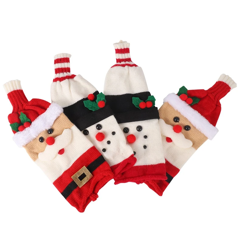 4 Pcs Cute Christmas Wine Bottle Cover Knitted Wine Bottle Sweater For Holiday Party Christmas Table Home Decoration