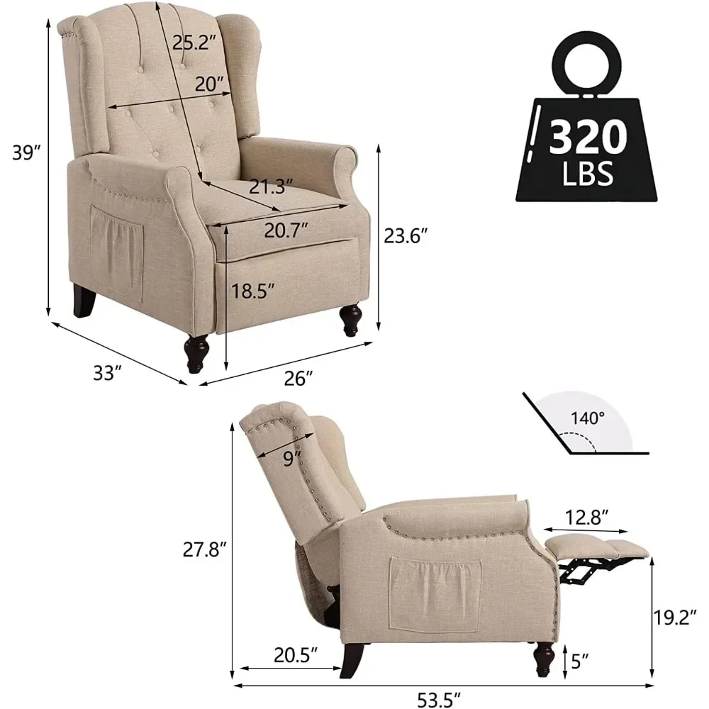 Massage and Heat, Tufted Fabric Push Back Recliner Chair for Living Room, Vintage Recliner Chair with Remote Control