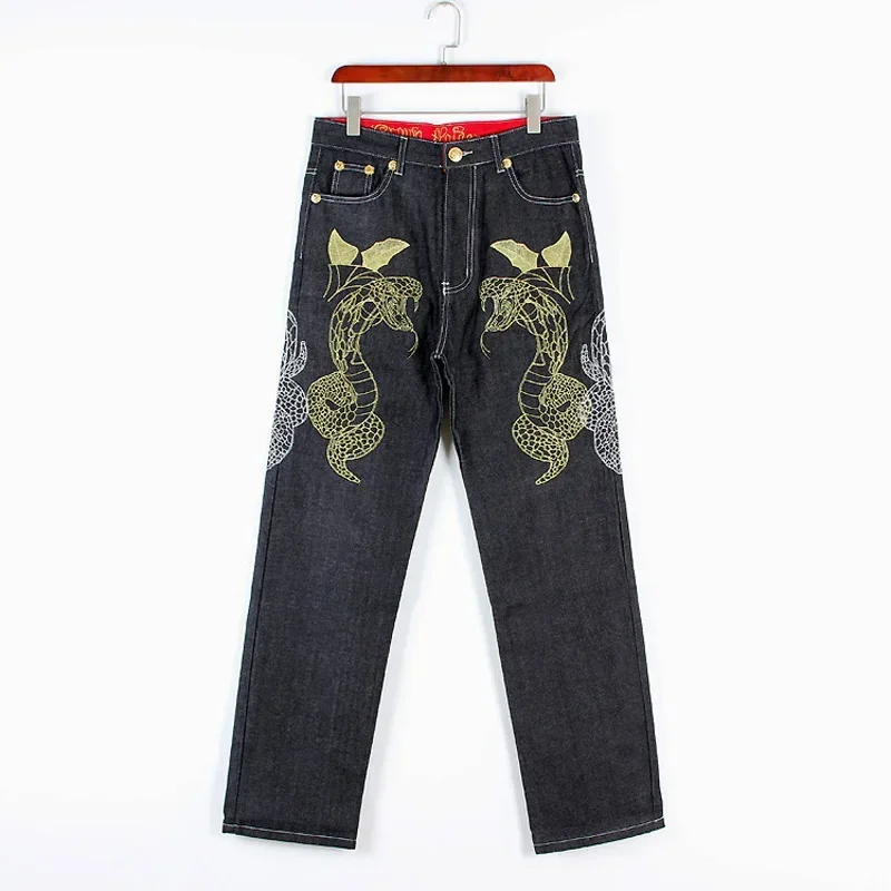 Hip hop jeans streetwear Male plus size loose baggy denim pants Snake embroidery straight long trousers for men