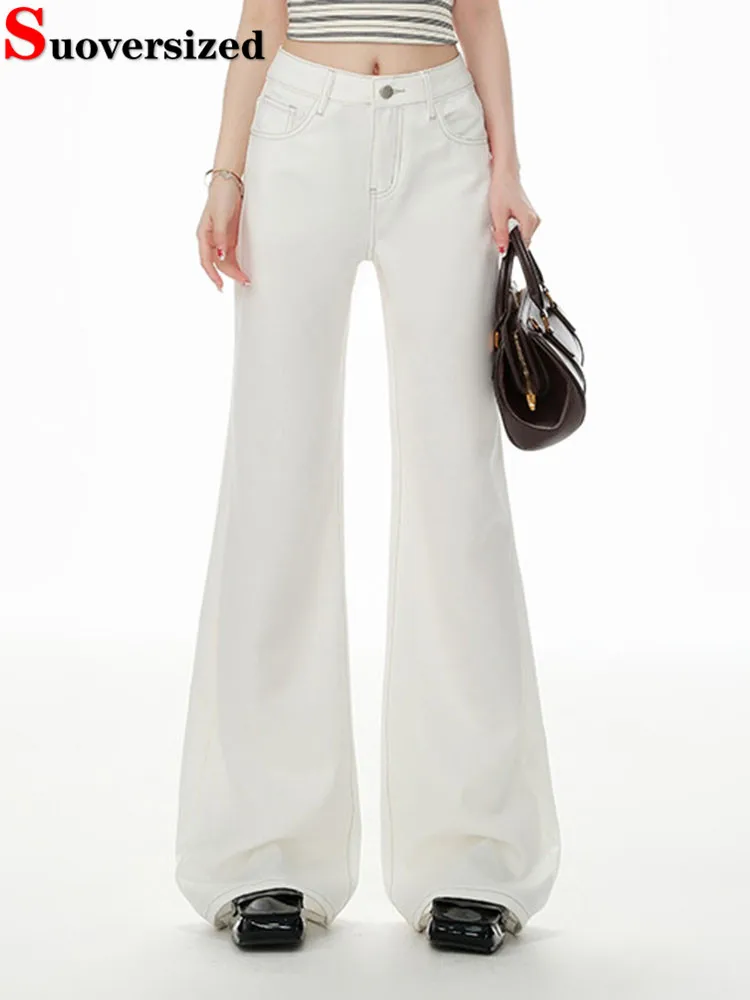 

Корейские модные мешковатые джинсы-клеш, женские повседневные винтажные широкие джинсовые брюки с высокой талией, классические однотонные уличные свободные брюки Vaqueros