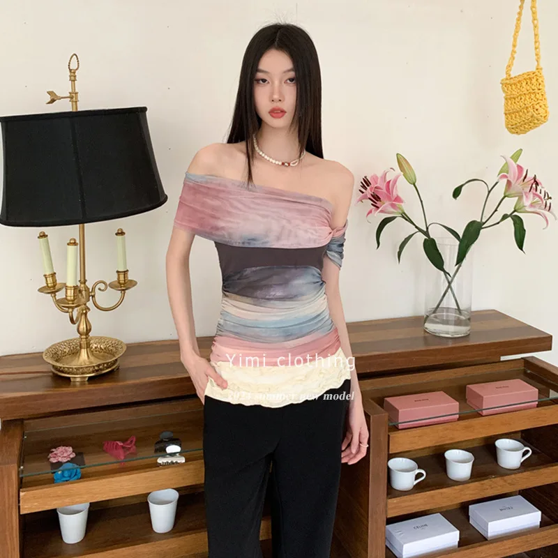 

Art Fusion New Chinese Short Sleeve Top Women's Niche Design Sense Splicing Slim One Shoulder T-Shirt