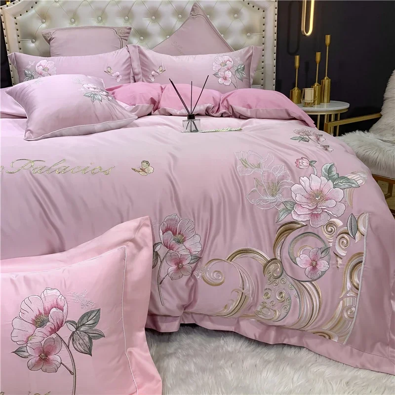 Four-piece cotton new wedding Chinese style color flower embroidery quilt cover skin-friendly bedding autumn and winter models