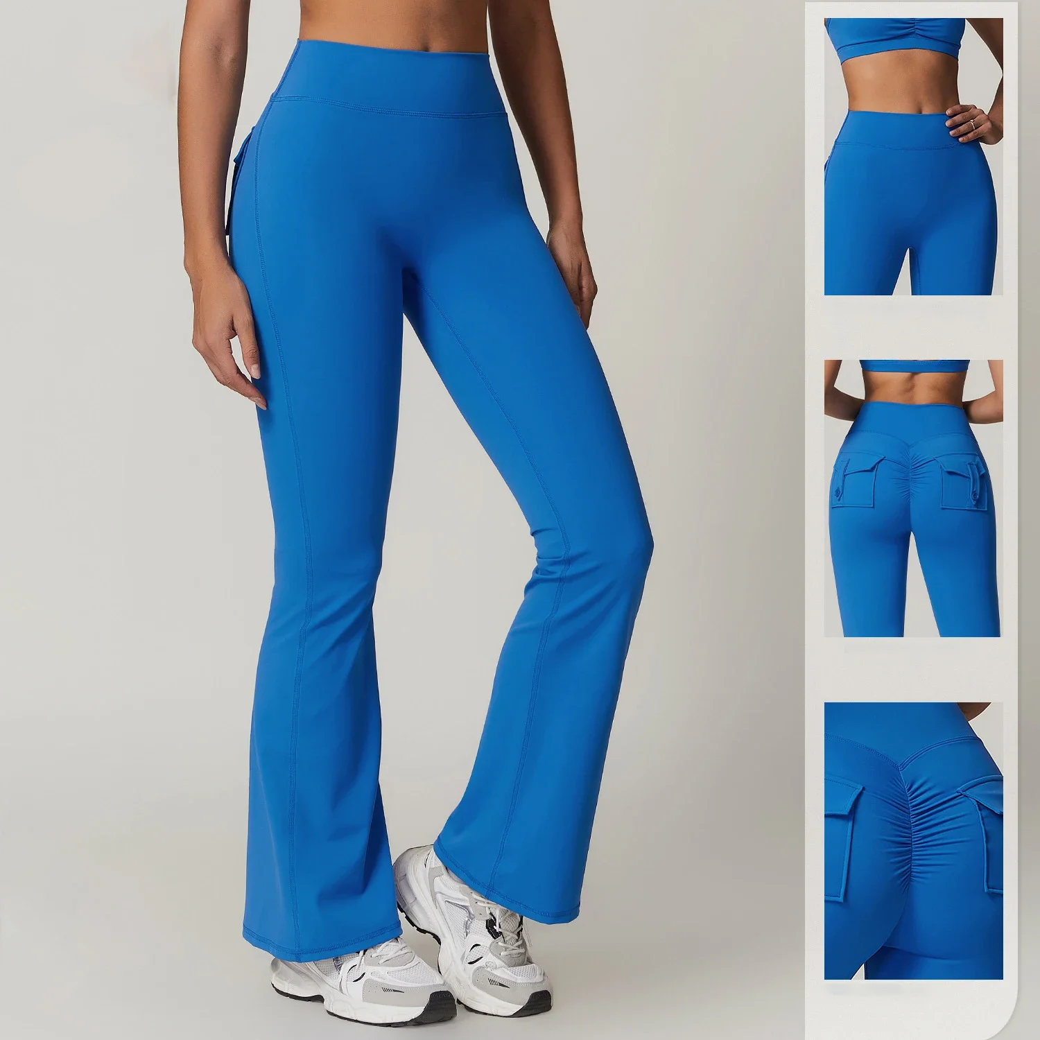 Skinny Solid Color Wide Leg Pants Hip Lifting High Waist Yoga Pants Women Workwear Pocket Micro Flare Slim Sports Fitness Pants