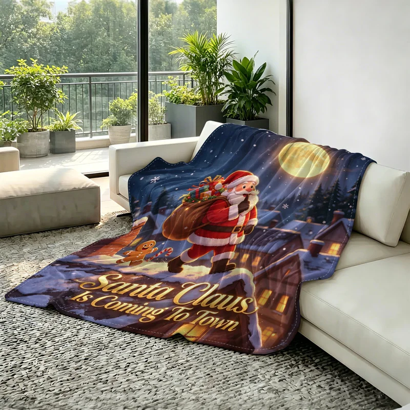 1Pcs Cartoon Xmas Throw Blanket,Polyester,Multi‑Sizes,Washable & Durable,Warm Santa Winter Fairy‑tale Pattern Print