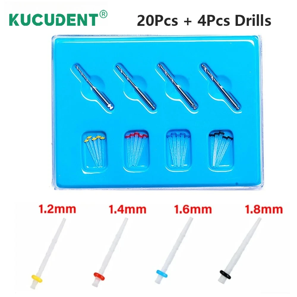 Dental Fiber Post 20Pcs Quartz Resin Glass Screw Pile + 4Pcs Drills 1.2/1.4/1.6/1.8mm Root Canal Screw Tooth Restorative Tools