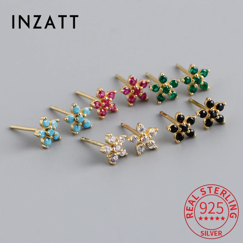 

INZATT Real 925 Sterling Silver Exquisite Zircon Flower Mini Stud Earrings for Women Cute Fine Jewelry Light Luxury Accessories