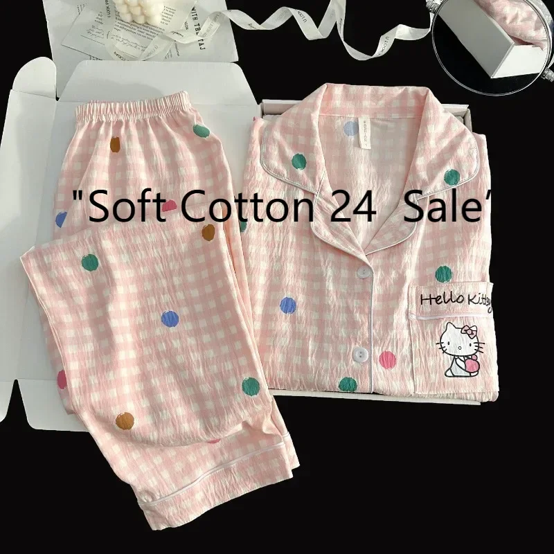 

Pink polka dot Hello Kitty women's pajamas, cute cartoon short-sleeved shorts and trousers three-piece Sanrio loungewear