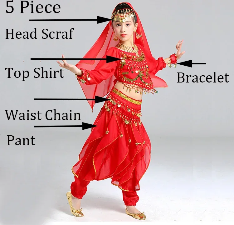 Dance Wear Children Belly Dance  Costume Set Girls Indian Flowers Outfit 5pcs (Top Belt Skirt Veil Headpiece)