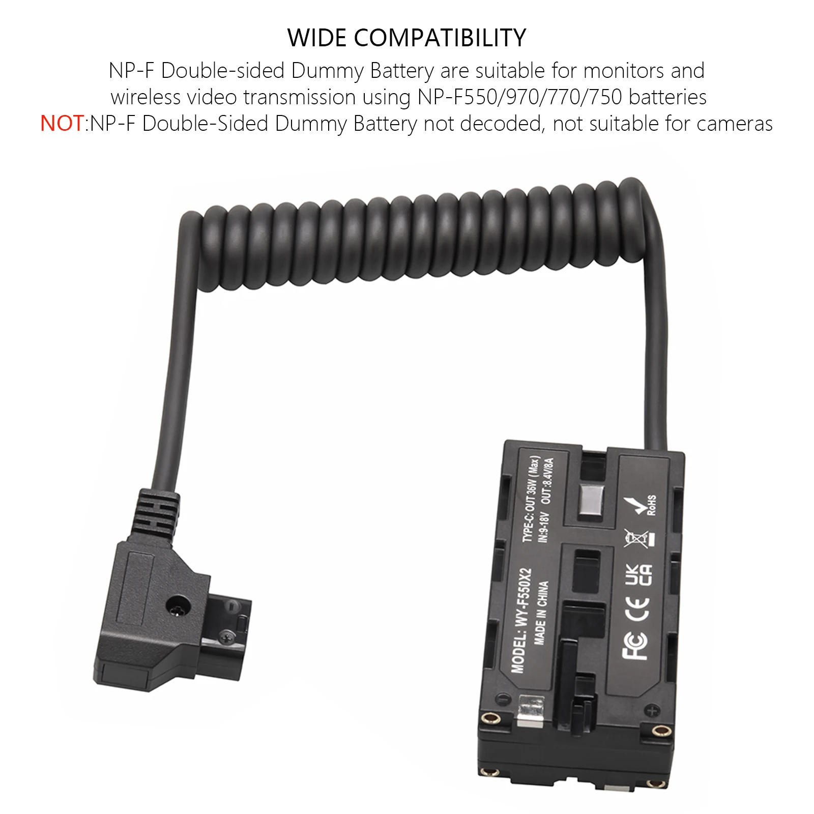Probty D-Tap auf doppelseitiger NP-F550 NP-F Dummy-Akku für Feldmonitor, LED-Licht, kabellose Videoübertragung, Shinobi-Monitor