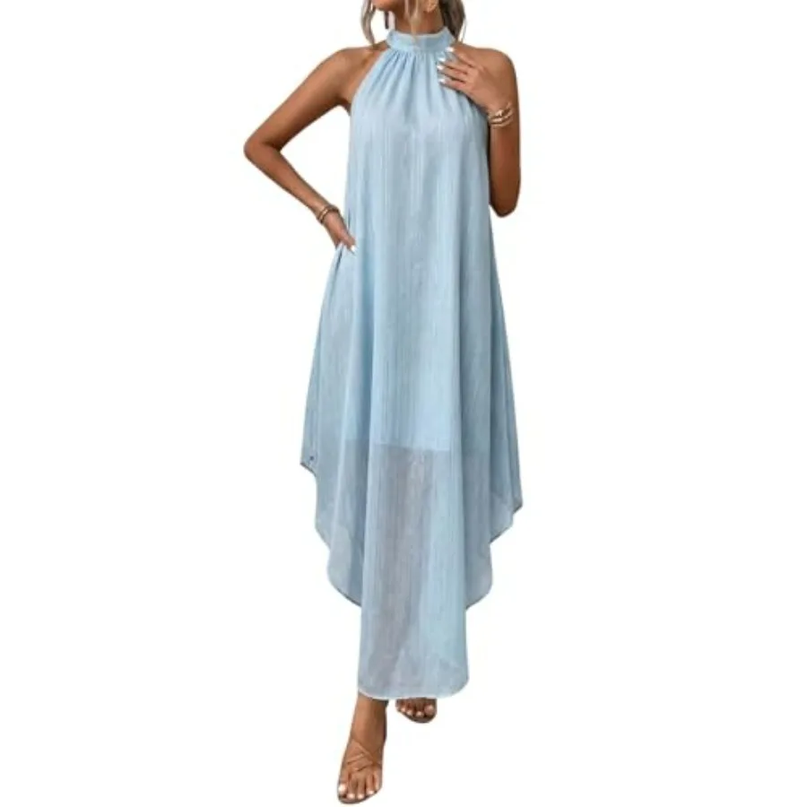 

Verdusa Women's Wedding Guest Dress Halter Flowy Chiffon Asymmetrical Long Summer Prom Dress