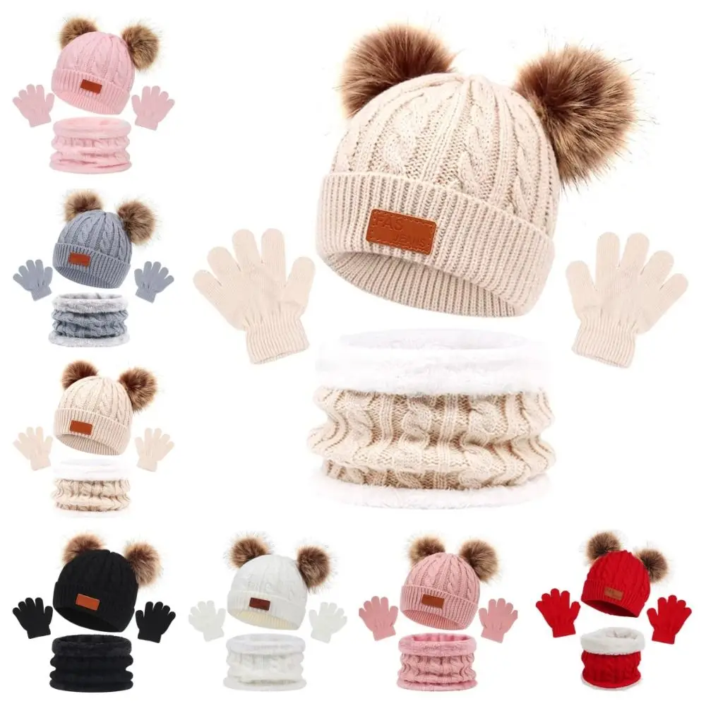 

3pcs Solid Color Baby Hat Scarf Gloves Set Outdoor Warm Thicken Toddler Bonnet 1-5Y Infant Accessories Pompom Knitted Hats