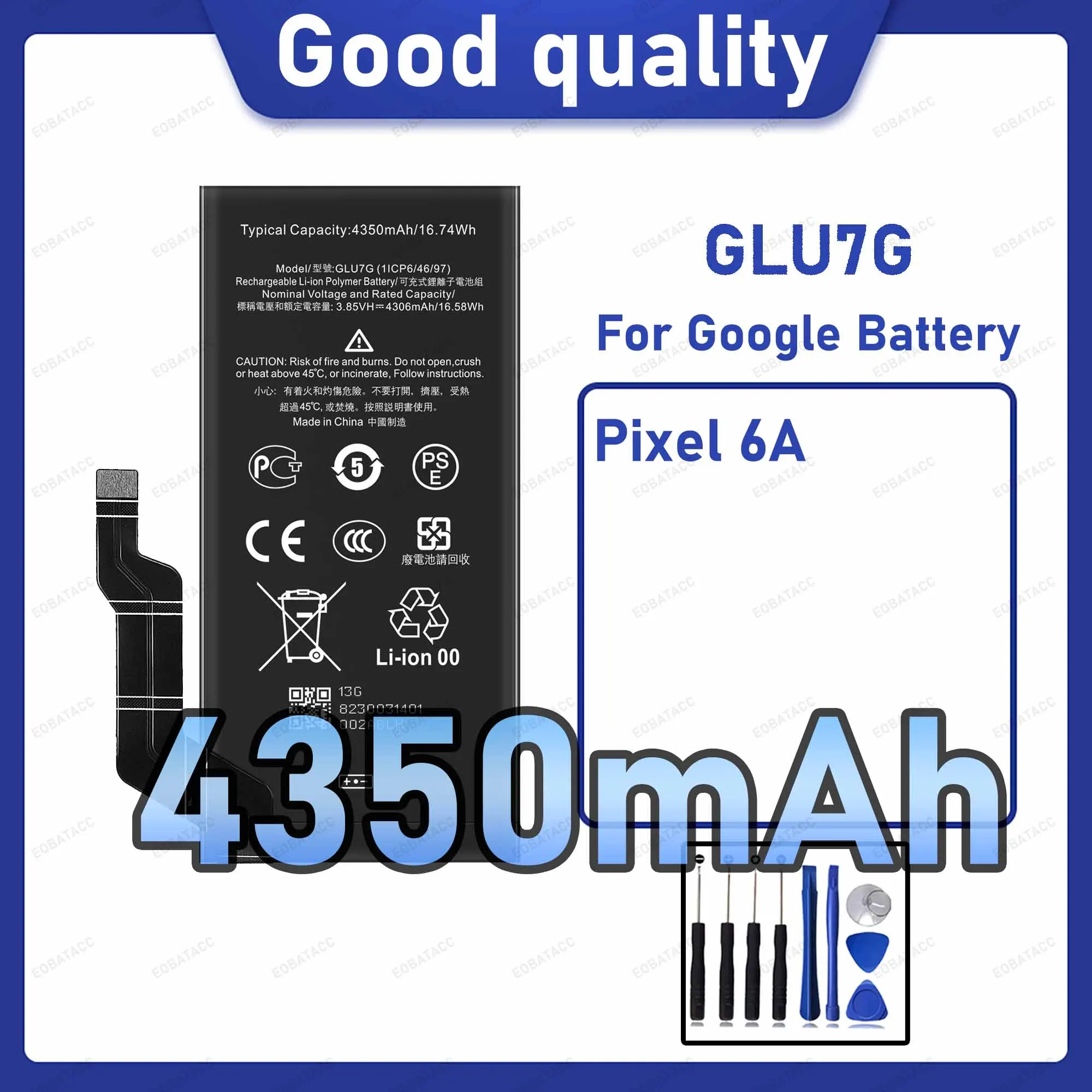 4350mAh GLU7G Replacement Battery for Google Pixel 6A with Repair Tools Kit