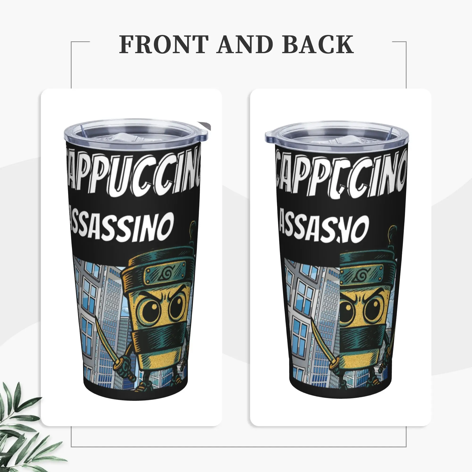 Cappuccino Assassino 90's Comic Italian Brainrot Insulated Tumbler with Straws Stainless Steel Coffee Mugs Bottle Cup, 20oz