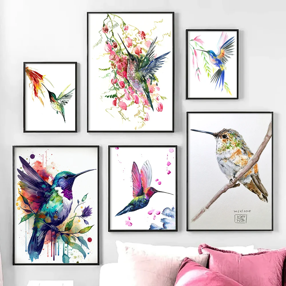 

Hummingbird Watercolor Painting, Modern Wall Art, Canvas Poster Print, Abstract Flower Bird Picture, Living Room, Home Decor