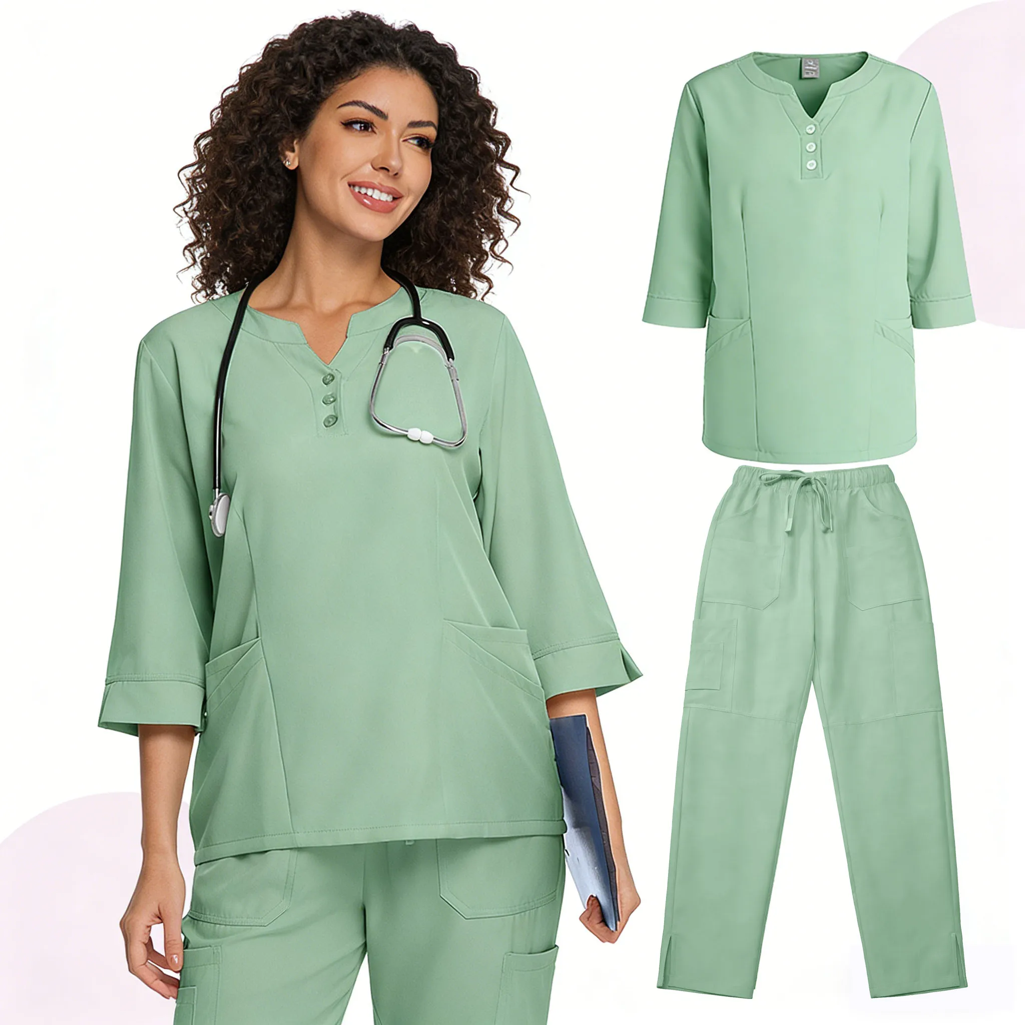 Medizinische OP-Uniformen mit 3/4-Ärmeln, Krankenschwesterkleidung, V-Ausschnitt, klinische Uniformen, Spa-Uniformen für Damen, OP-Anzüge, medizinische Uniformen