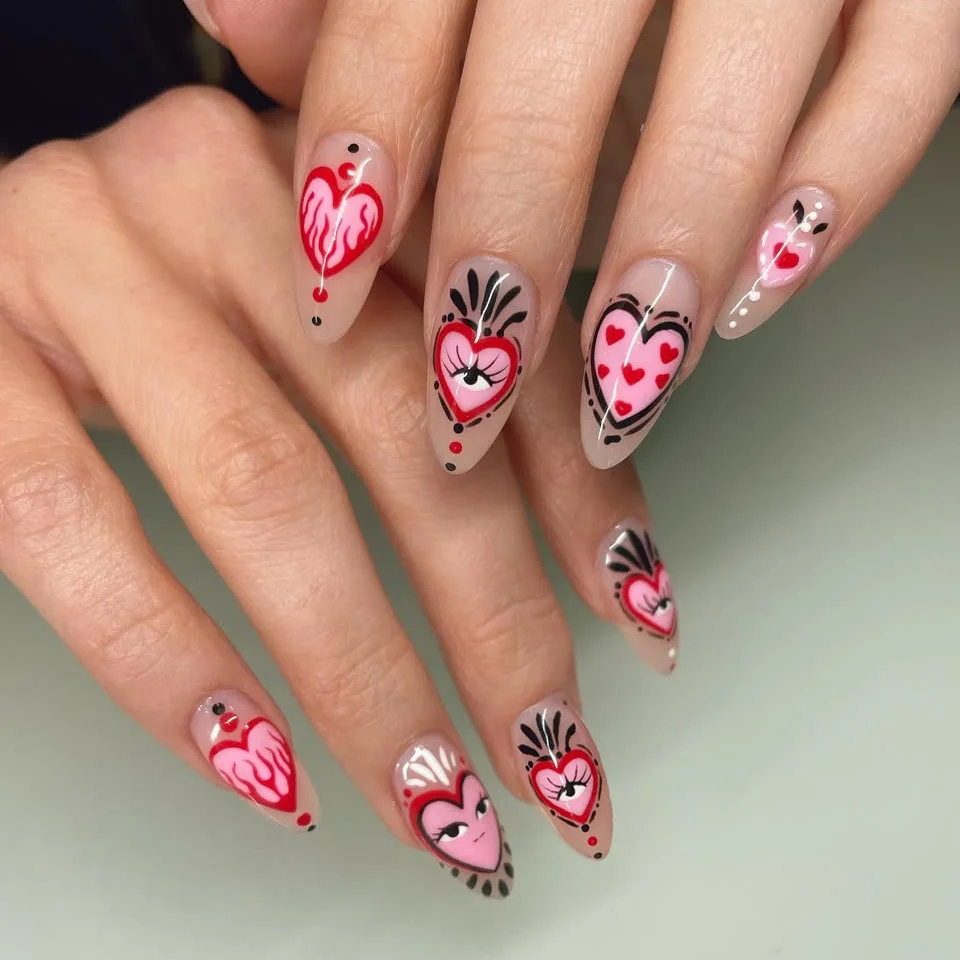 

24 шт. розовых накладных ногтей в форме сердца с пламенем, милый мультяшный дизайн, ко Дню святого Валентина, сладкий и стильный европейский модный дизайн, накладные ногти.