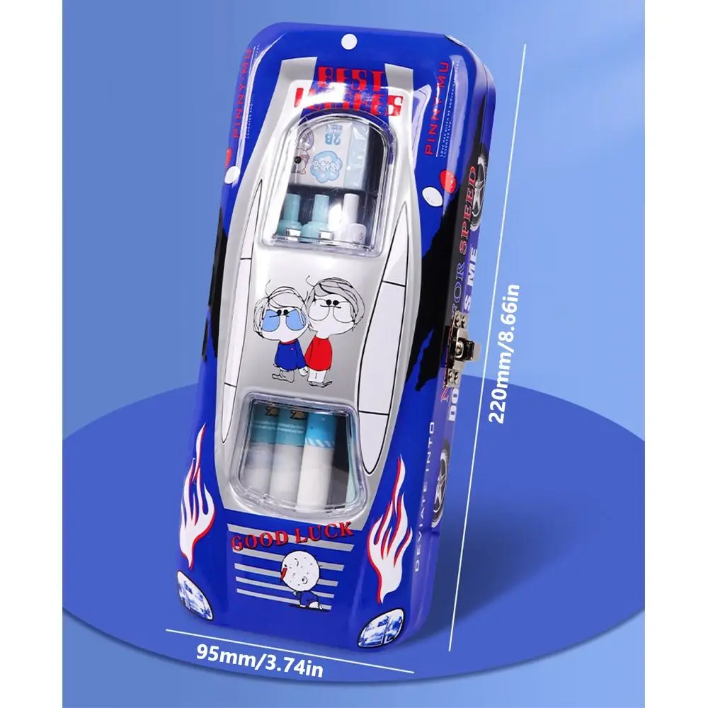 New Pen Bag Cartoon Metal Pencil Case With Lock Car Shape Pen Box Multi-functional Three Layers Pen Bag Back To School Gift