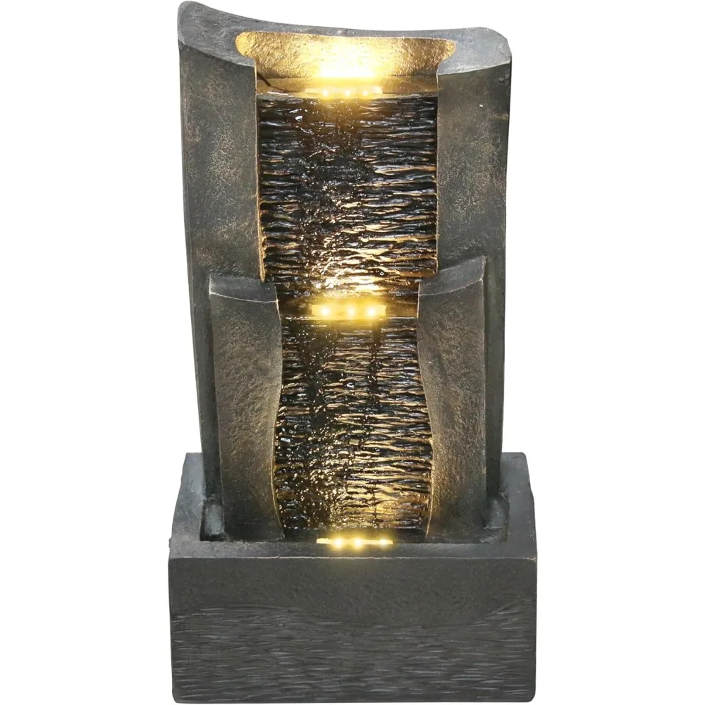 

3-Tiers Outdoor Rock Water Fountain with LED Light, Standing Cascading Water Feature, Faux Stone Waterfalls Fountain Decor for G