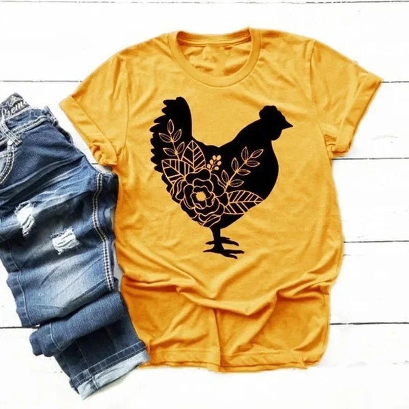 Hen Chicken Print T Shirt Women Short Sleeve O Neck Loose Tshirt Summer Women Tee Shirt Tops Camisetas Mujer