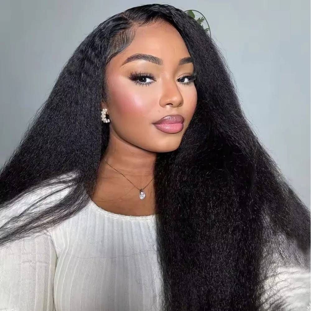 

5×5 Kinky Straight Lace Front Wigs Human Hair Glueless 220Density Ready to Wear Transparent Frontal Wig For Women Pre Plucked 1B