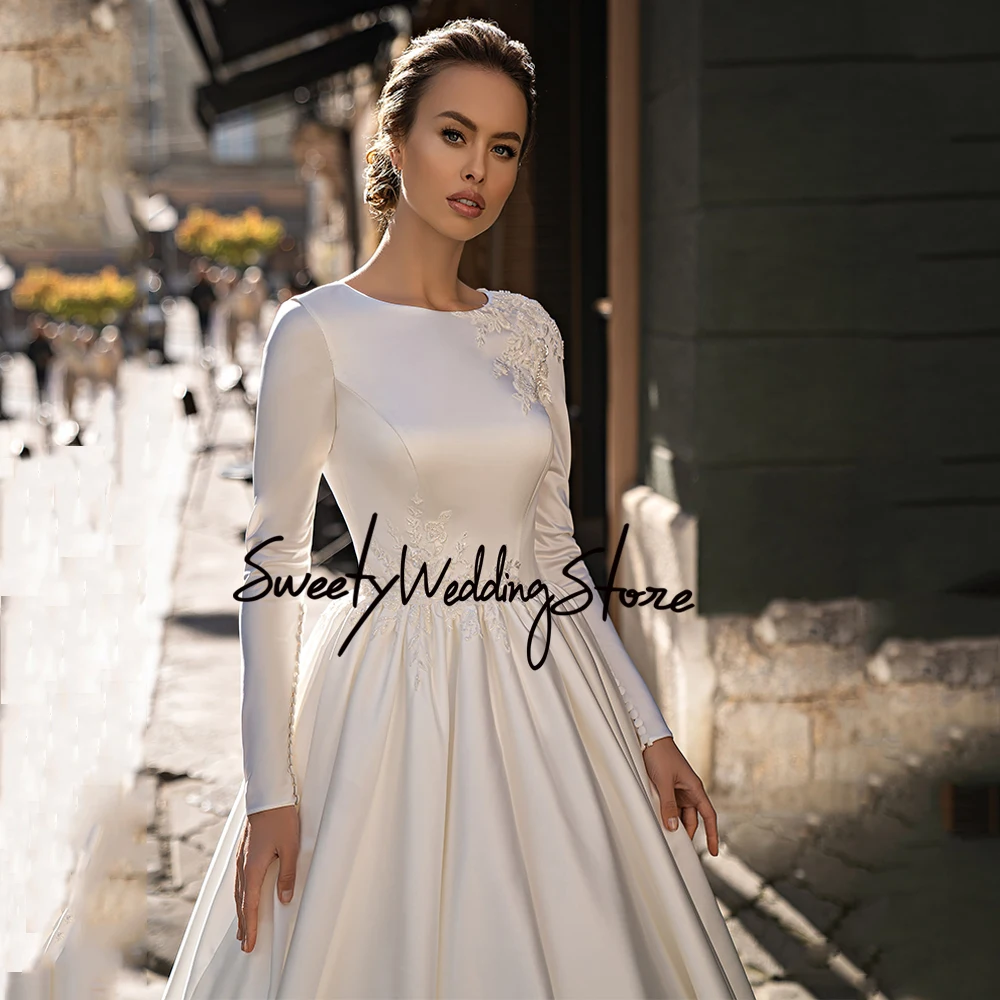 Muslim Wedding Dress Vestido De Noiva Customized Long Sleeves Sequin Applique Sweep Train Arabic Satin Bridal Gown for Bride