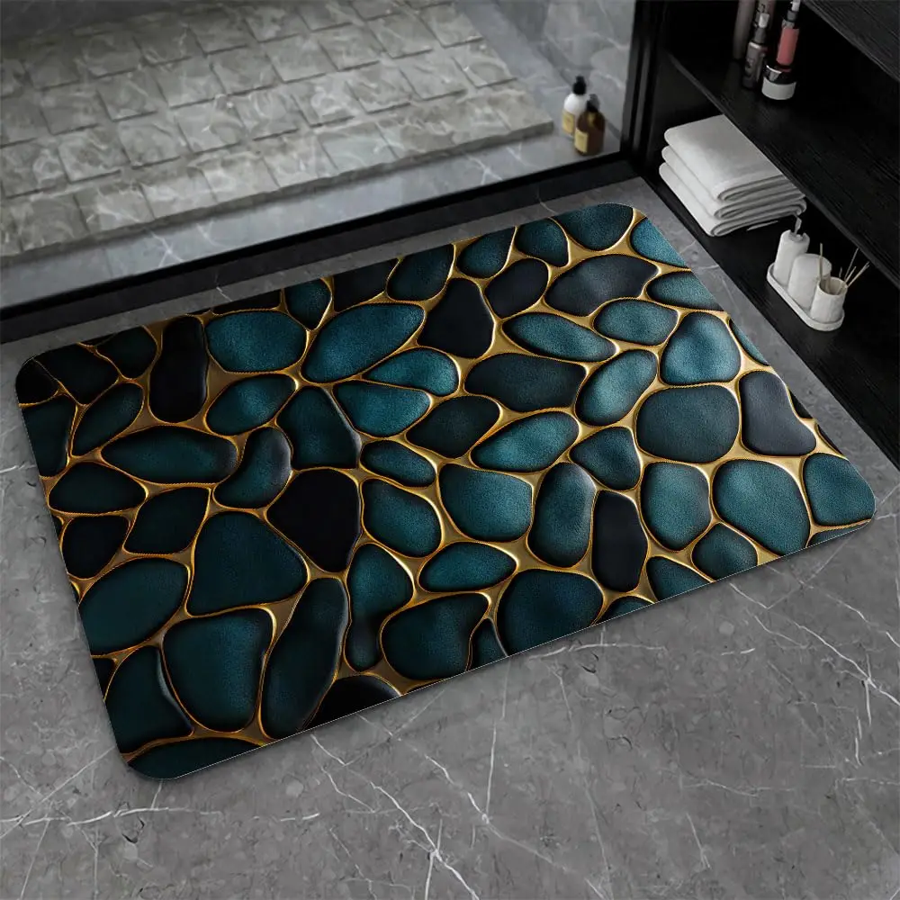3D Stone Diatomaceous Earth Bath Mat Blue and Gold Stones Non-Slip Volume Super Absorbent Fast Drying for Bathroom Kitchen Mat