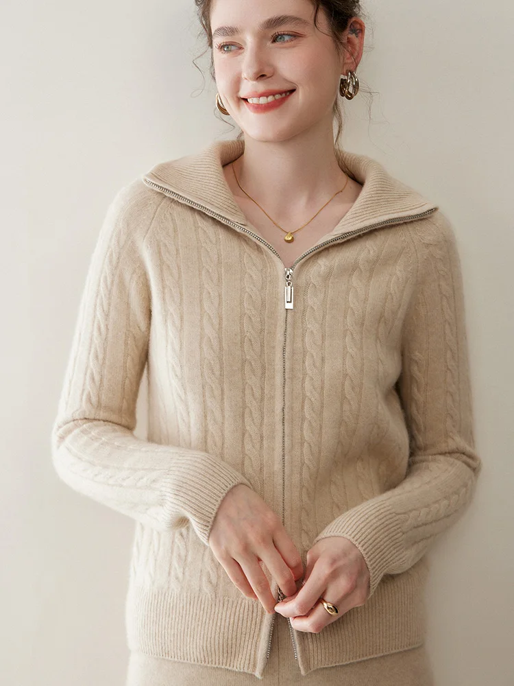 Sweter damski LOML ze 100% kaszmiru, rozpinany na podwójny zamek, golf, gruby sweter-płaszcz, miękki, dzianinowy w warkocze, wygodny top na jesień i zimę.