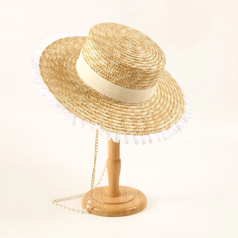 Women Summer Hat Lace Flower Trim Straw Hat with Long Pearl Gold Metal Chain Boater Hat ChainWide Brim Sun Beach Hat Party Hat