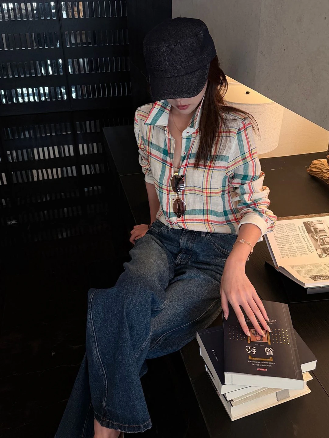 High-End Women's Linen Shirt Spring Autumn Design  Grid Pattern Casual Style Comfortable Breathable Long Sleeve Top
