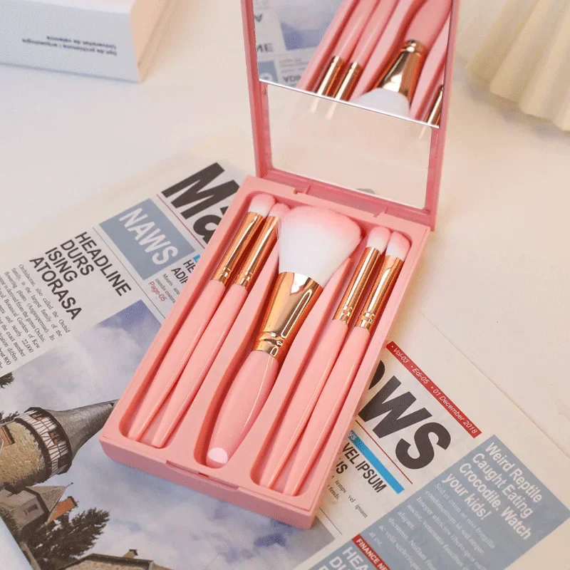 Conjunto de pincéis de maquiagem portátil com espelho para viagens - destaque labial, sombra e base em pó para mistura de ferramentas cosméticas