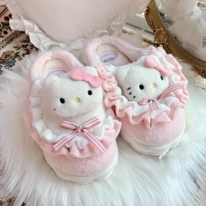 

Sanrio, Hello Kitty Kuromi Melody Cinnamonroll плюшевые тапочки Kawaii хлопок тапочки женские зимние теплые домашние туфли подарок на день рождения